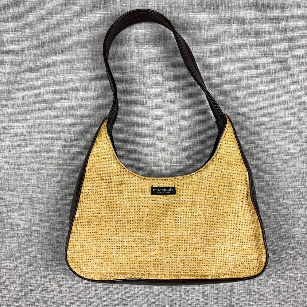 Kate Spade New York Shoulder Bag Womens Small Tan Raffia Leather Woven Zip